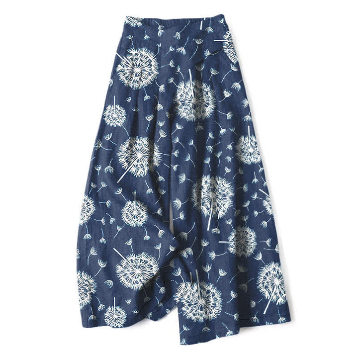 Buddha Stones Pantalones de mujer de algodón y lino con estampado de diente de león blanco, cintura elástica, pernera ancha y bolsillos. - Marina de guerra - US16，UK/AU20，EU48 (3XL) - image 0