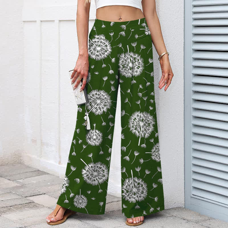 Buddha Stones Pantalones de mujer de algodón y lino con estampado de diente de león blanco, cintura elástica, pernera ancha y bolsillos. - image 5