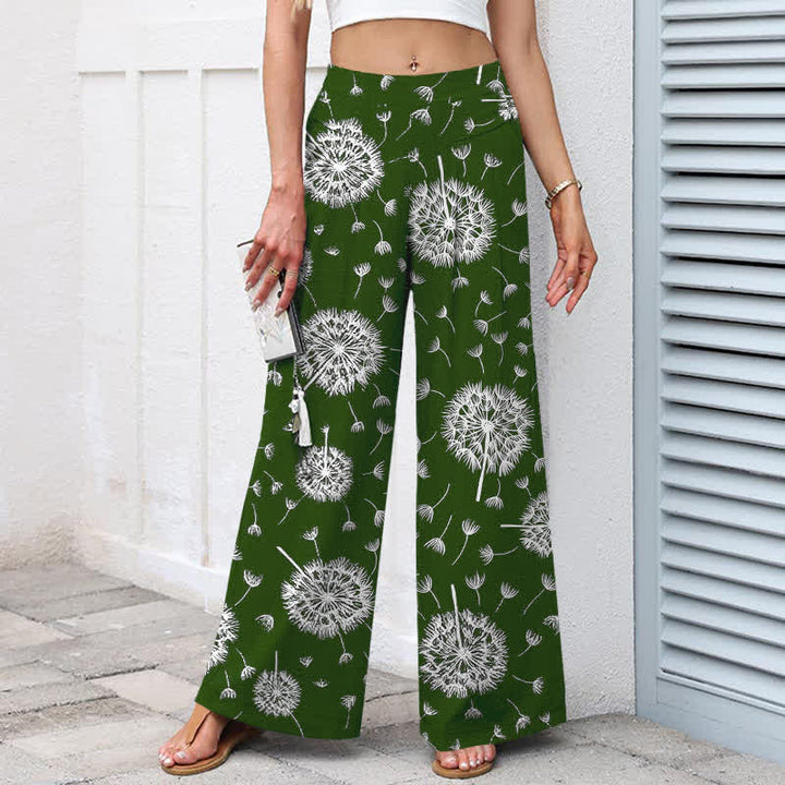 Buddha Stones Pantalones de mujer de algodón y lino con estampado de diente de león blanco, cintura elástica, pernera ancha y bolsillos. - image 5
