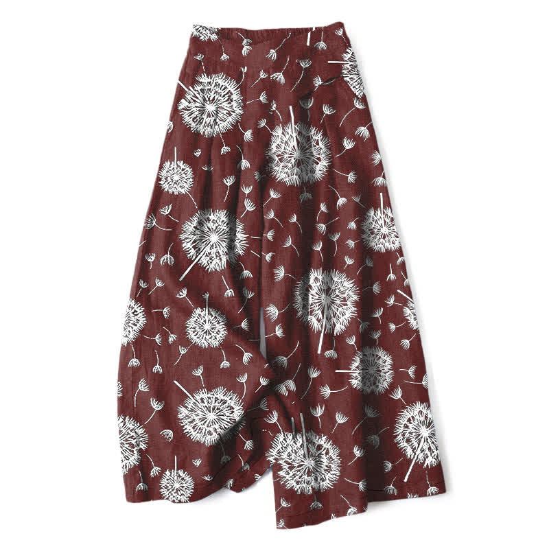 Buddha Stones Pantalones de mujer de algodón y lino con estampado de diente de león blanco, cintura elástica, pernera ancha y bolsillos. - Granate - US16，UK/AU20，EU48 (3XL) - image 6