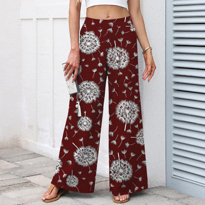 Buddha Stones Pantalones de mujer de algodón y lino con estampado de diente de león blanco, cintura elástica, pernera ancha y bolsillos. - image 7