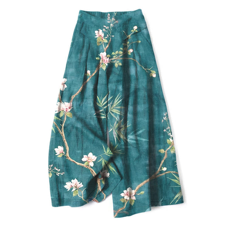 Buddha Stones Pantalones de mujer de algodón y lino con estampado floral oriental en rosa claro, cintura elástica y pernera ancha con bolsillos. - Verde azulado - US16，UK/AU20，EU48 (3XL) - image 0