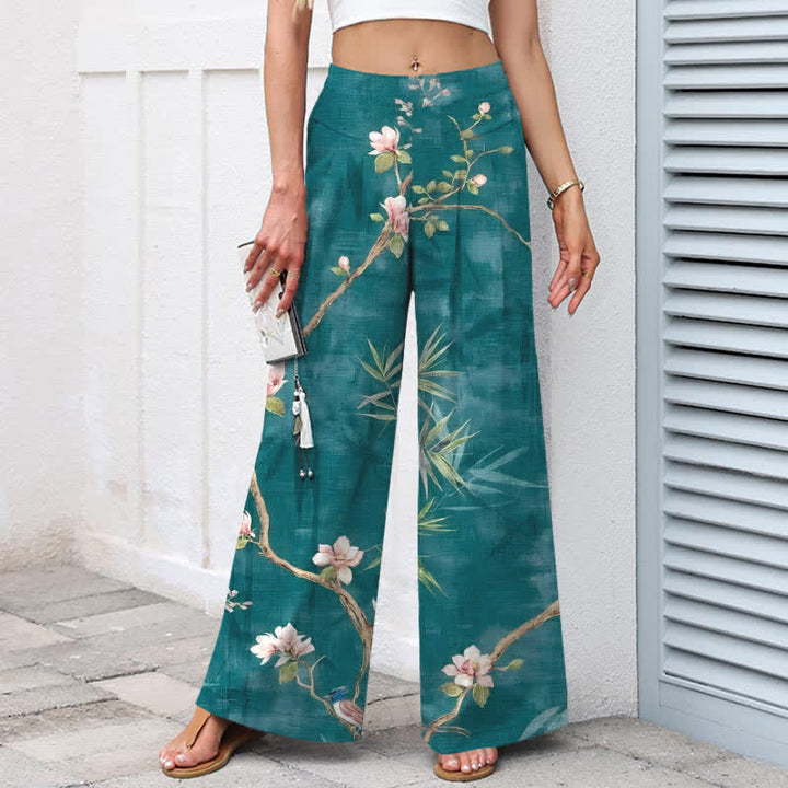 Buddha Stones Pantalones de mujer de algodón y lino con estampado floral oriental en rosa claro, cintura elástica y pernera ancha con bolsillos. - image 1
