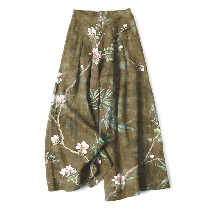 Buddha Stones Pantalones de mujer de algodón y lino con estampado floral oriental en rosa claro, cintura elástica y pernera ancha con bolsillos. - Aceituna - US16，UK/AU20，EU48 (3XL) - image 6