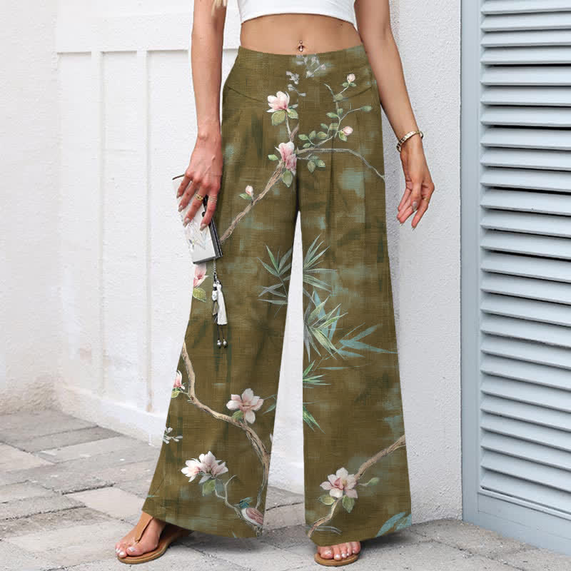 Buddha Stones Pantalones de mujer de algodón y lino con estampado floral oriental en rosa claro, cintura elástica y pernera ancha con bolsillos. - image 7