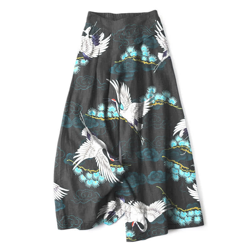 Buddha Stones Pantalones de mujer de lino y algodón con estampado de grullas blancas, nubes auspiciosas y pinos, cintura elástica, pernera ancha y bolsillos. - Negro - US16，UK/AU20，EU48 (3XL) - image 0