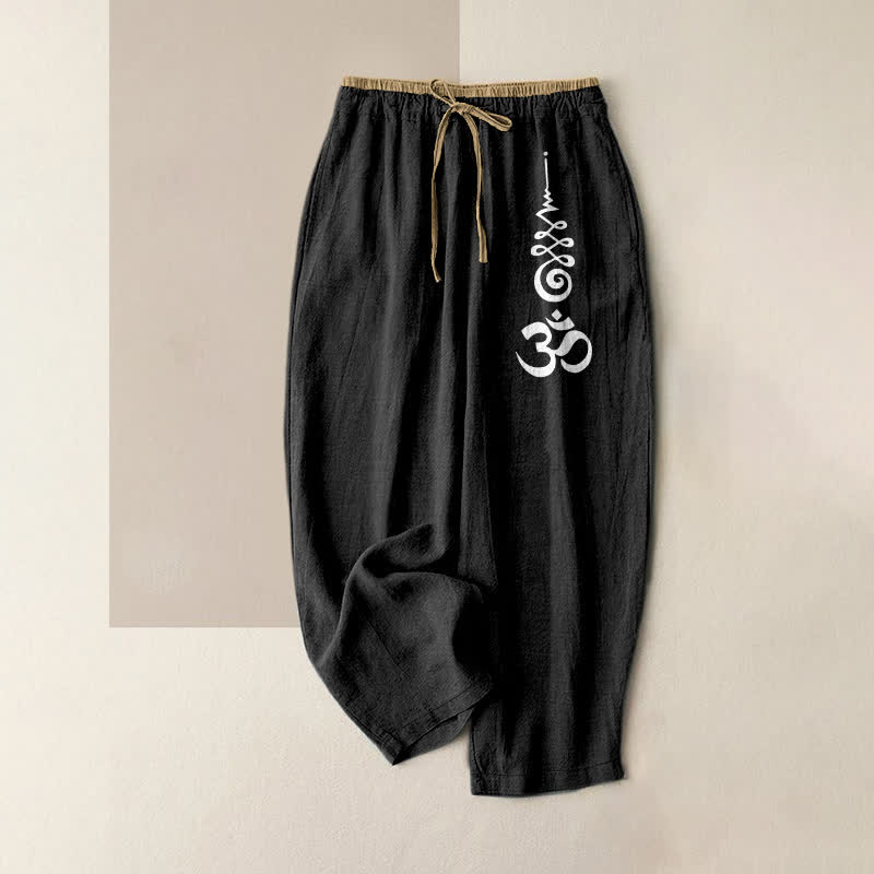 Buddha Stones Pantalones de mujer de algodón puro con estampado del símbolo Om, cintura elástica y bolsillos. - Negro - US16，UK/AU20，EU48 (3XL) - image 0