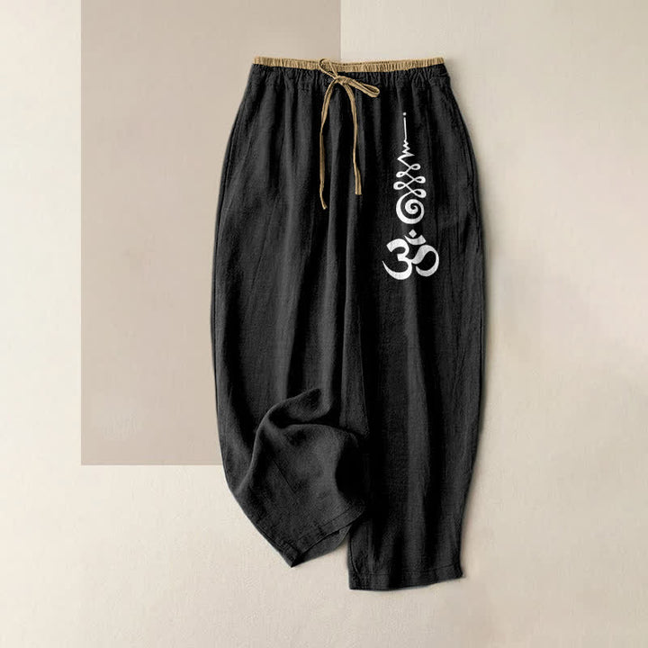 Buddha Stones Pantalones de mujer de algodón puro con estampado del símbolo Om, cintura elástica y bolsillos. - Negro - US16，UK/AU20，EU48 (3XL) - image 0