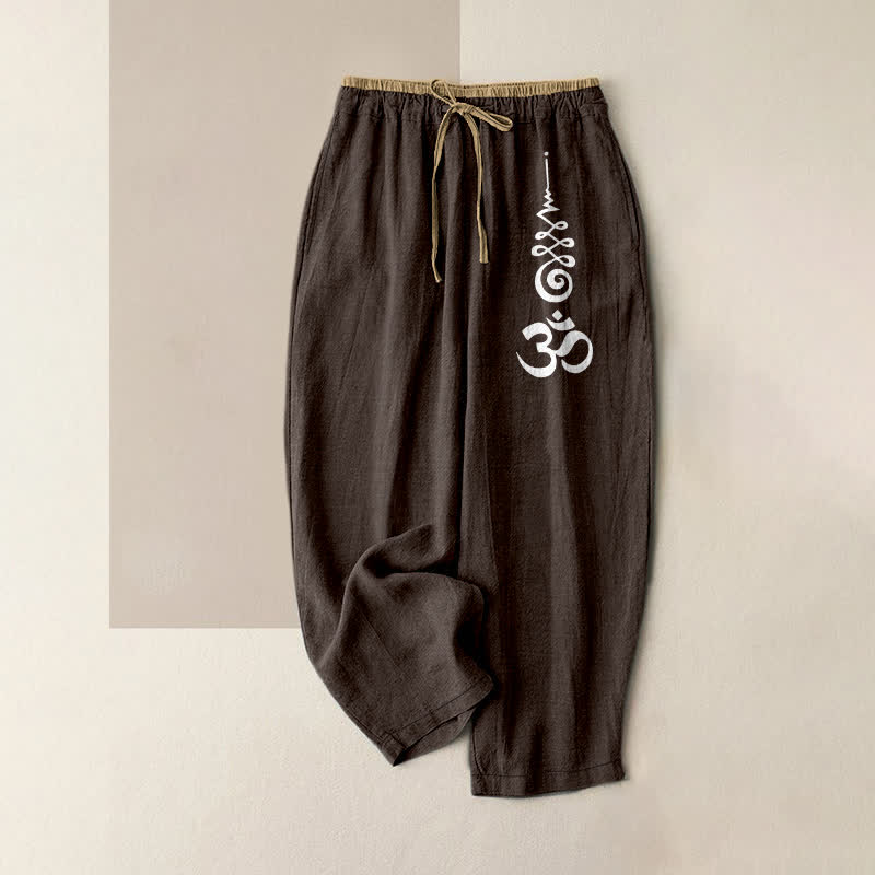 Buddha Stones Pantalones de mujer de algodón puro con estampado del símbolo Om, cintura elástica y bolsillos. - Marrón silla de montar - US16，UK/AU20，EU48 (3XL) - image 8