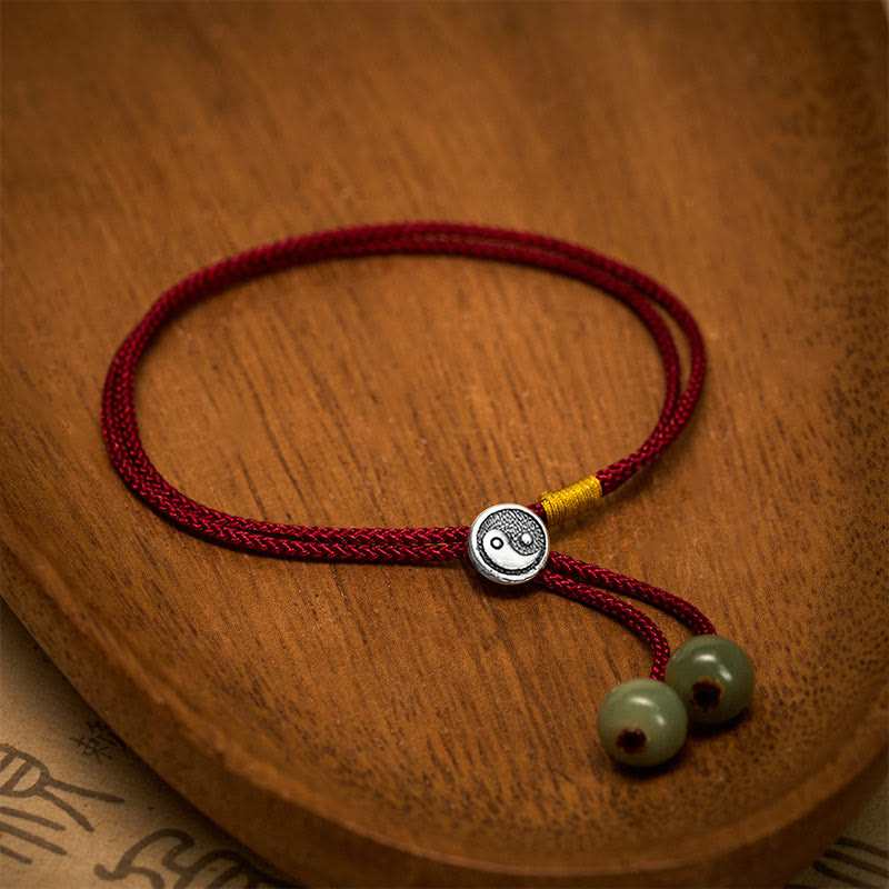 Buddha Stones Pulsera vintage de plata de ley 925 hecha a mano con diseño redondo de Yin Yang y protección, de hilo rojo trenzado, con colgante de protección. - image 2