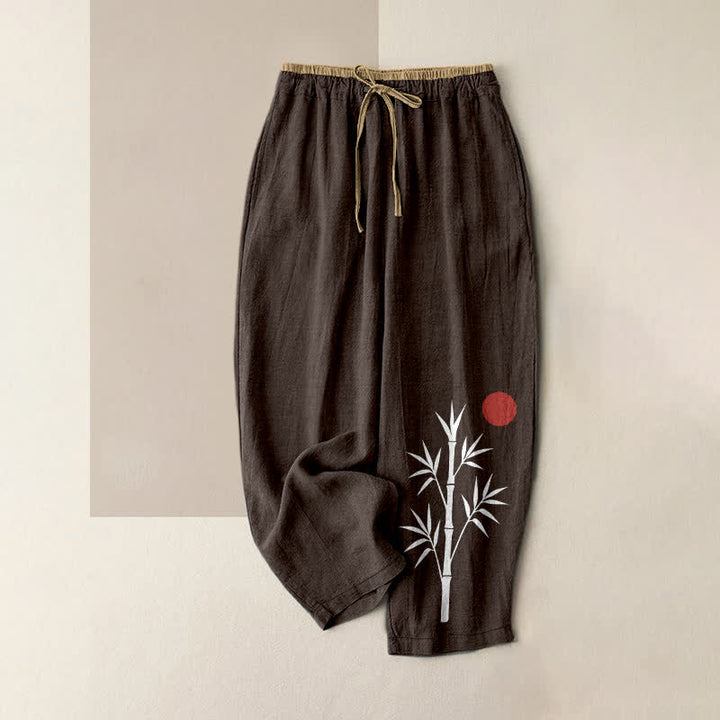 Buddha Stones Pantalones de mujer de algodón con estampado de bambú Zen, cintura elástica y bolsillos. - Marrón silla de montar - US16，UK/AU20，EU48 (3XL) - image 4