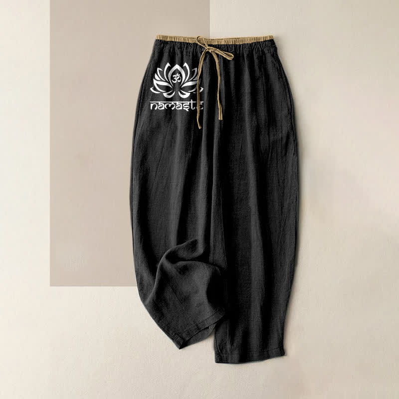 Buddha Stones Pantalones de mujer de algodón puro con estampado Namaste Lotus, cintura elástica y bolsillos. - Negro - US16，UK/AU20，EU48 (3XL) - image 0