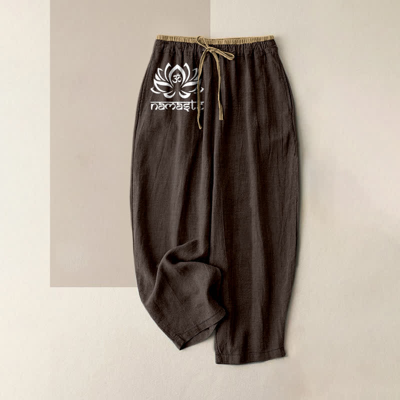 Buddha Stones Pantalones de mujer de algodón puro con estampado Namaste Lotus, cintura elástica y bolsillos. - Marrón silla de montar - US16，UK/AU20，EU48 (3XL) - image 4
