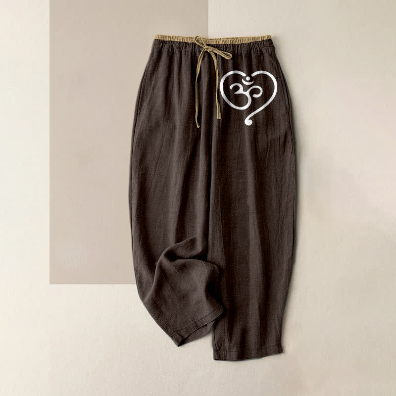 Buddha Stones Pantalones de mujer de algodón puro con estampado de corazón Zen Om y cintura elástica con bolsillos. - Marrón silla de montar - US16，UK/AU20，EU48 (3XL) - image 4