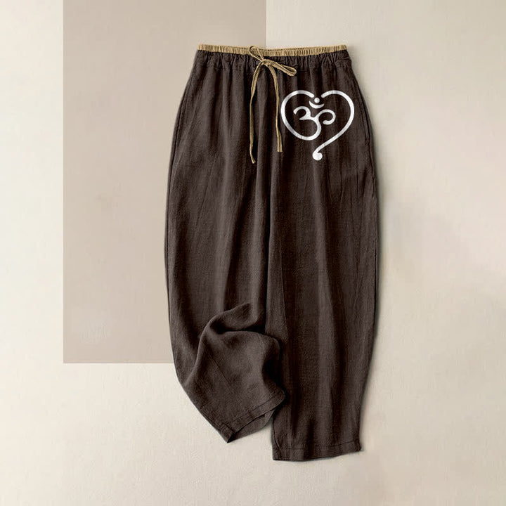 Buddha Stones Pantalones de mujer de algodón puro con estampado de corazón Zen Om y cintura elástica con bolsillos. - Marrón silla de montar - US16，UK/AU20，EU48 (3XL) - image 4