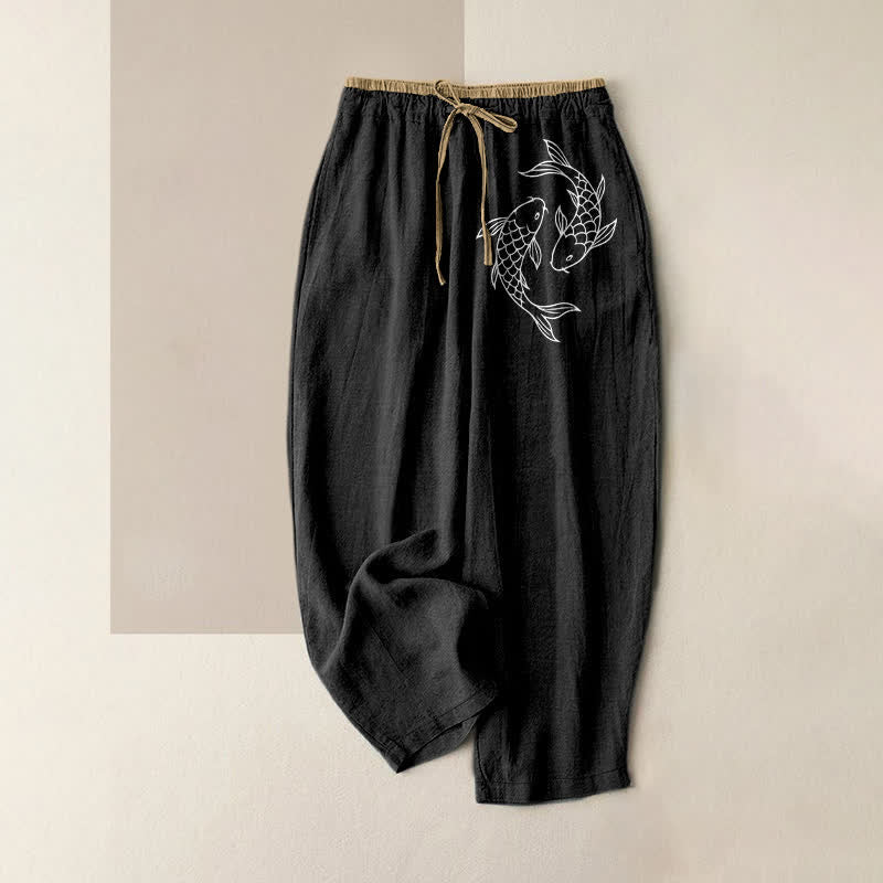 Buddha Stones Pantalones de mujer de algodón puro con estampado de peces koi Zen, cintura elástica y bolsillos. - Negro - US16，UK/AU20，EU48 (3XL) - image 4