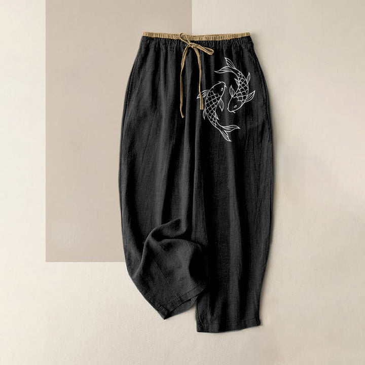 Buddha Stones Pantalones de mujer de algodón puro con estampado de peces koi Zen, cintura elástica y bolsillos. - Negro - US16，UK/AU20，EU48 (3XL) - image 4