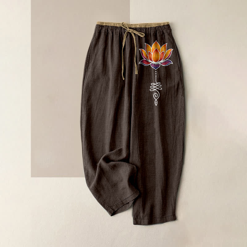 Buddha Stones Pantalones de mujer de algodón puro con estampado de loto naranja y cintura elástica con bolsillos. - Marrón silla de montar - US16，UK/AU20，EU48 (3XL) - image 4