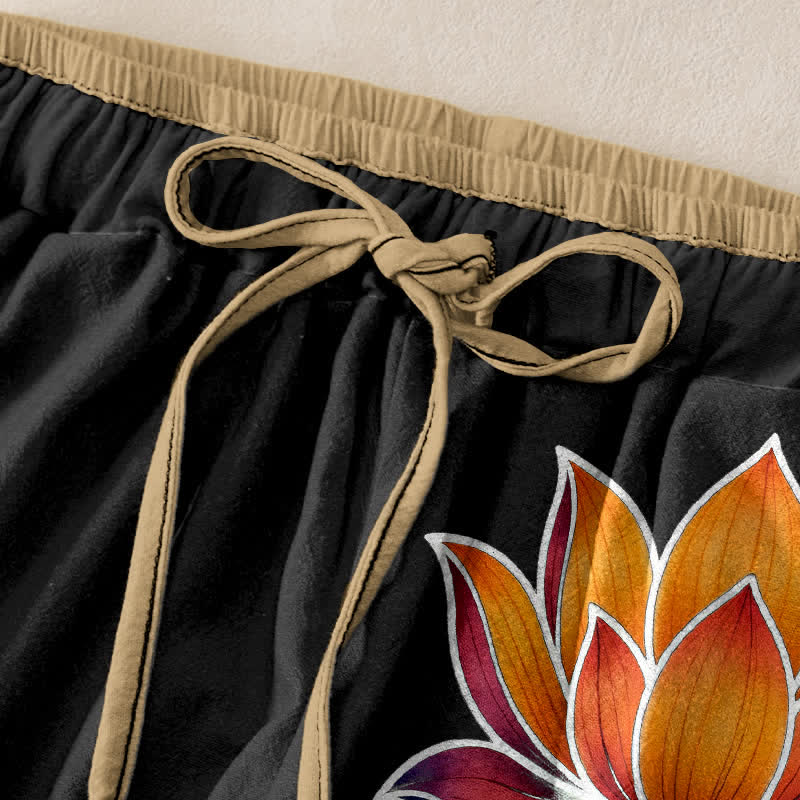 Buddha Stones Pantalones de mujer de algodón puro con estampado de loto naranja y cintura elástica con bolsillos. - image 1