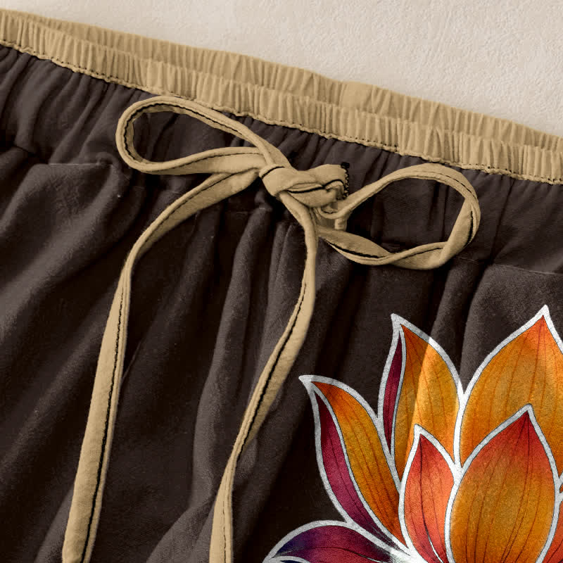 Buddha Stones Pantalones de mujer de algodón puro con estampado de loto naranja y cintura elástica con bolsillos. - image 5