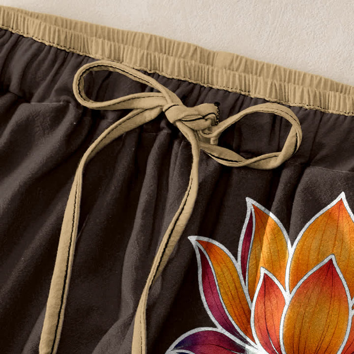 Buddha Stones Pantalones de mujer de algodón puro con estampado de loto naranja y cintura elástica con bolsillos. - image 5