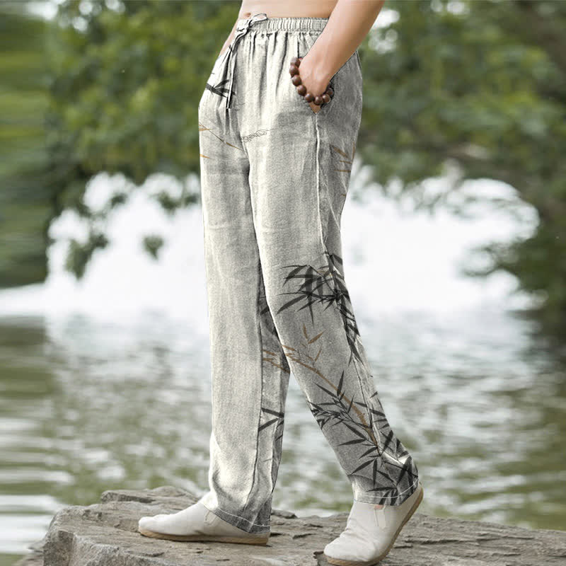 Buddha Stones Pantalones de hombre de algodón con estampado de bambú y corte ajustado, con bolsillos. - image 1
