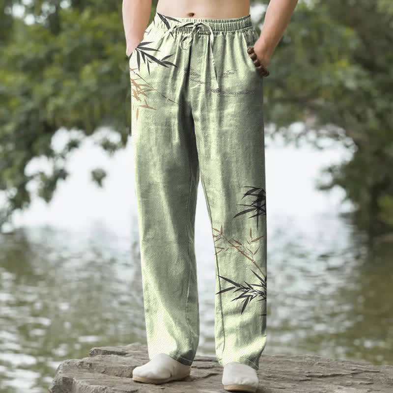 Buddha Stones Pantalones de hombre de algodón con estampado de bambú y corte ajustado, con bolsillos. - Verde claro - US/UK/AU50, EU60 (5XL) - image 4