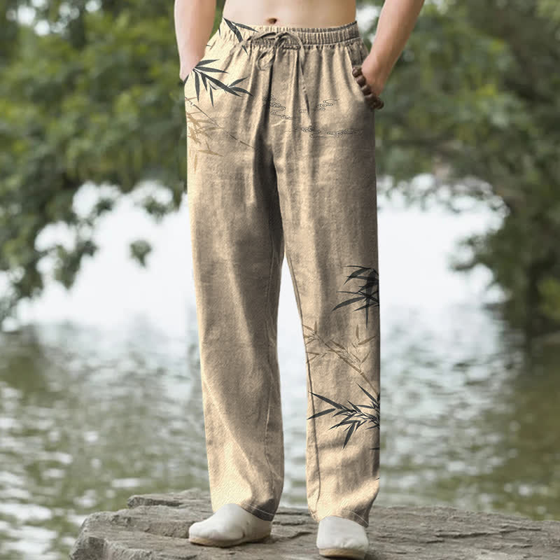 Buddha Stones Pantalones de hombre de algodón con estampado de bambú y corte ajustado, con bolsillos. - Broncearse - US/UK/AU50, EU60 (5XL) - image 6