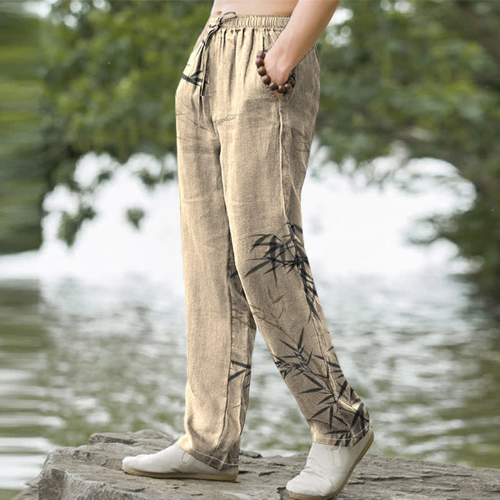 Buddha Stones Pantalones de hombre de algodón con estampado de bambú y corte ajustado, con bolsillos. - image 7