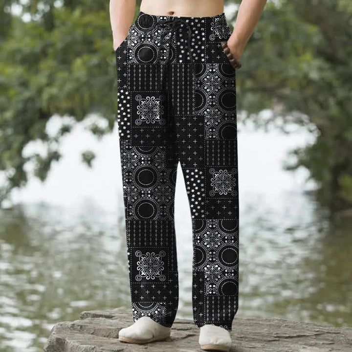 Buddha Stones Pantalones de hombre de algodón con estampado de pañuelo bohemio, corte ajustado y bolsillos. - Negro - US/UK/AU50, EU60 (5XL) - image 6