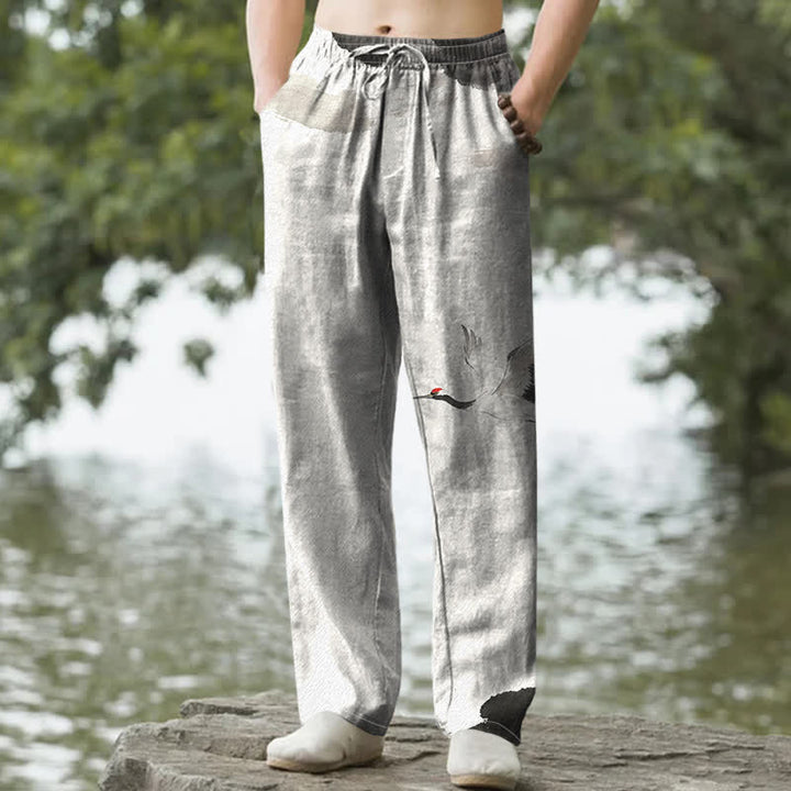 Buddha Stones Pantalones de hombre de algodón con estampado de grullas de corona roja, corte cónico y bolsillos. - Negro - US/UK/AU50, EU60 (5XL) - image 6