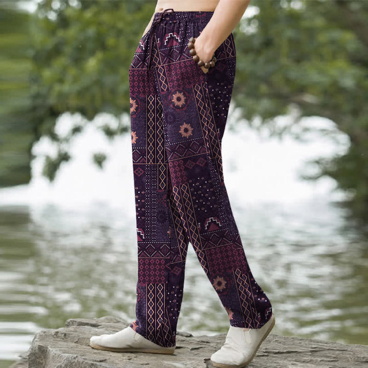 Buddha Stones Pantalones de hombre de algodón con estampado floral geométrico estilo bohemio y corte ajustado, con bolsillos. - image 7