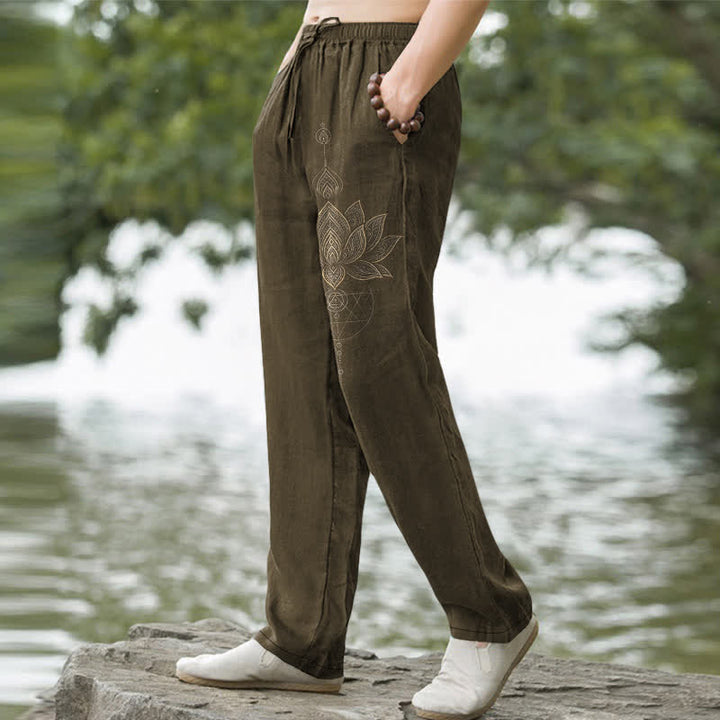 Buddha Stones Pantalones de hombre de algodón con estampado de mandala de loto y corte ajustado, con bolsillos. - image 7