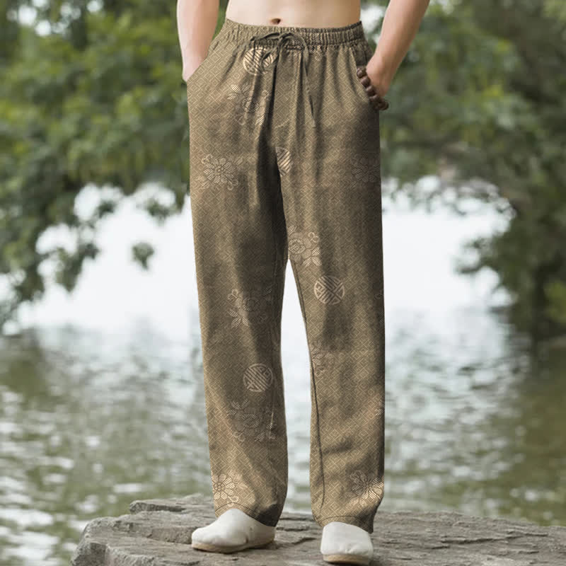 Buddha Stones Pantalones de hombre de algodón con estampado geométrico tribal y corte ajustado, con bolsillos. - Caqui oscuro - US/UK/AU50, EU60 (5XL) - image 0