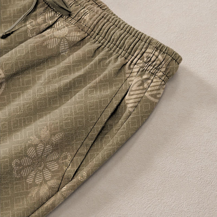 Buddha Stones Pantalones de hombre de algodón con estampado geométrico tribal y corte ajustado, con bolsillos. - image 2