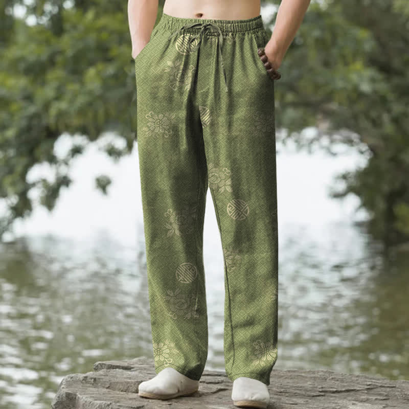 Buddha Stones Pantalones de hombre de algodón con estampado geométrico tribal y corte ajustado, con bolsillos. - Verde amarillento - US/UK/AU50, EU60 (5XL) - image 6