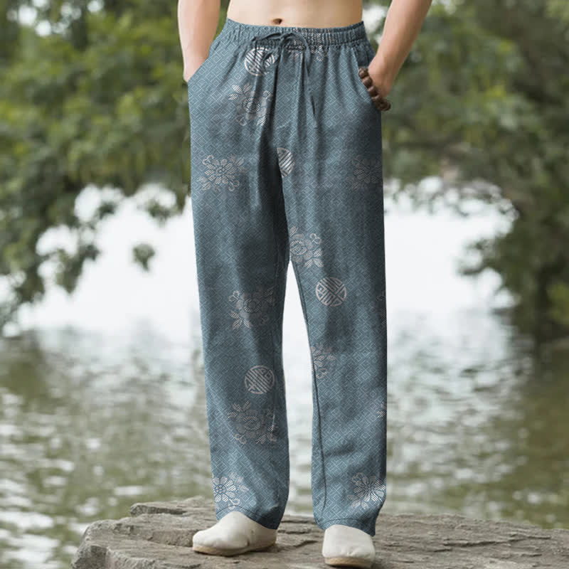 Buddha Stones Pantalones de hombre de algodón con estampado geométrico tribal y corte ajustado, con bolsillos. - Azul cadete - US/UK/AU50, EU60 (5XL) - image 4