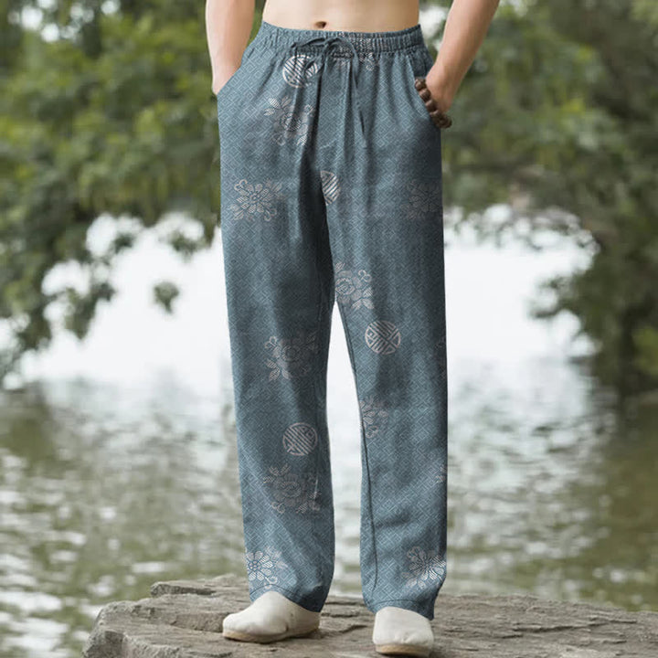 Buddha Stones Pantalones de hombre de algodón con estampado geométrico tribal y corte ajustado, con bolsillos. - Azul cadete - US/UK/AU50, EU60 (5XL) - image 4