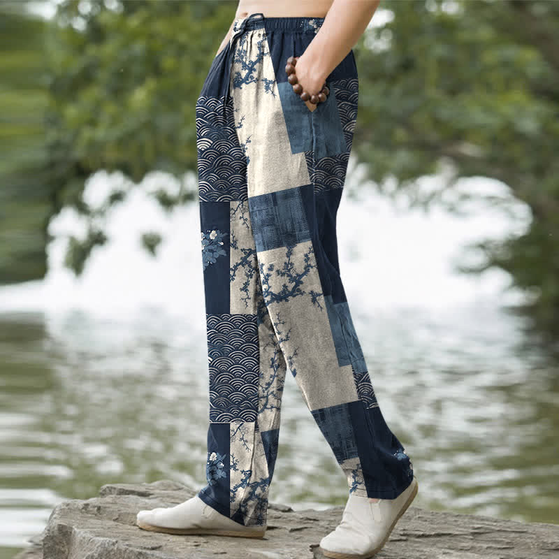 Buddha Stones Pantalones de hombre de algodón con estampado floral ondulado y corte ajustado, con bolsillos. - image 1