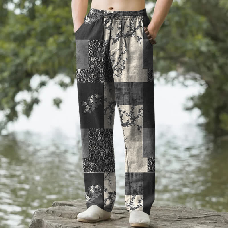 Buddha Stones Pantalones de hombre de algodón con estampado floral ondulado y corte ajustado, con bolsillos. - Negro - US/UK/AU50, EU60 (5XL) - image 4