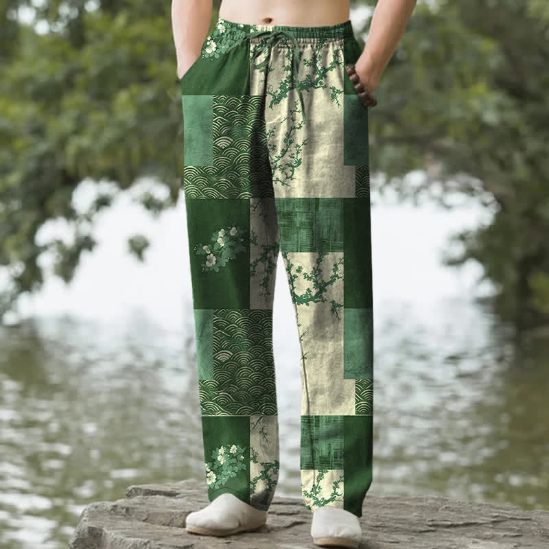Buddha Stones Pantalones de hombre de algodón con estampado floral ondulado y corte ajustado, con bolsillos. - Verde bosque - US/UK/AU50, EU60 (5XL) - image 6