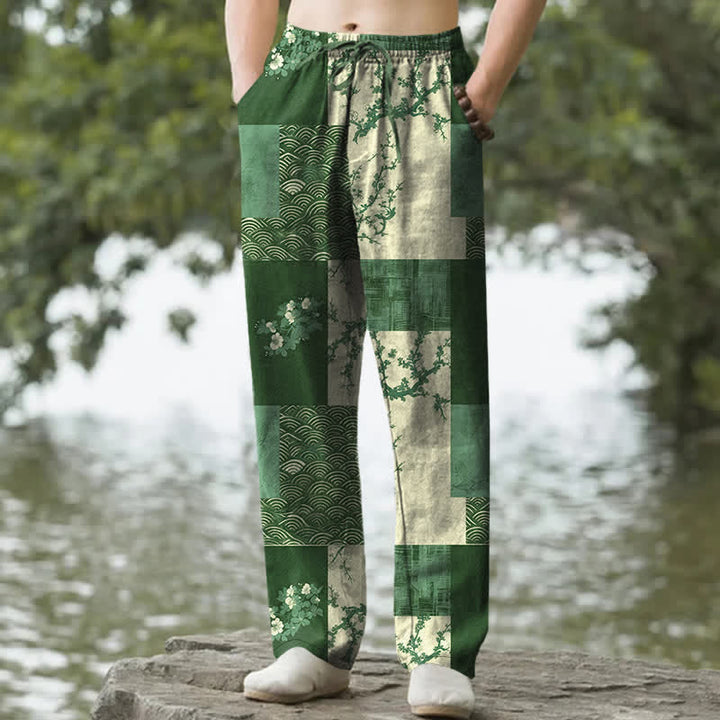 Buddha Stones Pantalones de hombre de algodón con estampado floral ondulado y corte ajustado, con bolsillos. - Verde bosque - US/UK/AU50, EU60 (5XL) - image 6
