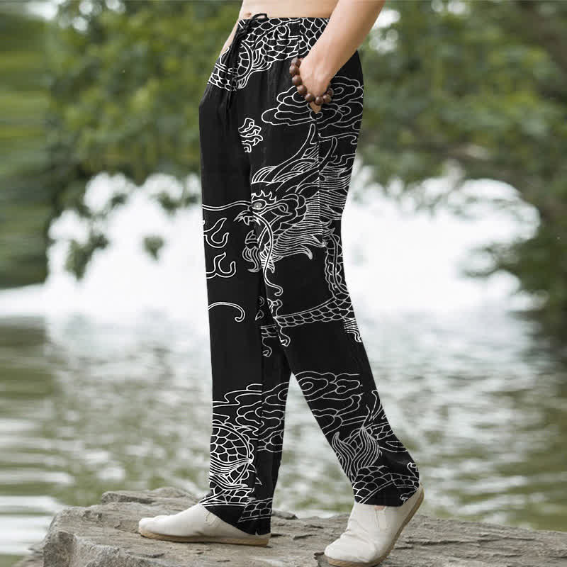 Buddha Stones Pantalones de hombre de algodón con estampado oriental de dragón y nubes, corte cónico y bolsillos. - image 1