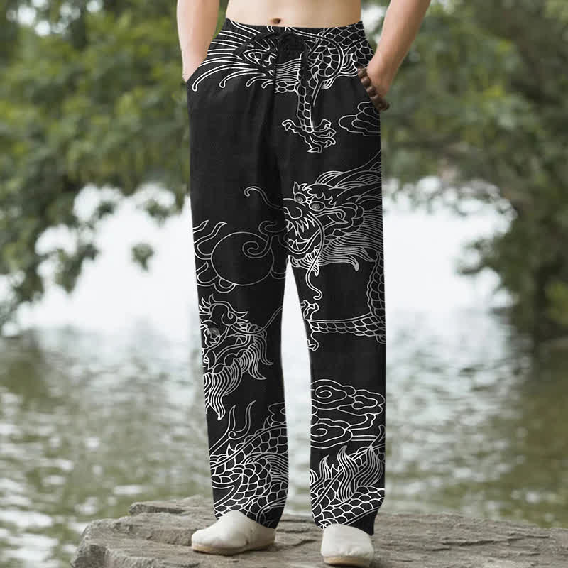 Buddha Stones Pantalones de hombre de algodón con estampado oriental de dragón y nubes, corte cónico y bolsillos. - Negro - US/UK/AU50, EU60 (5XL) - image 0