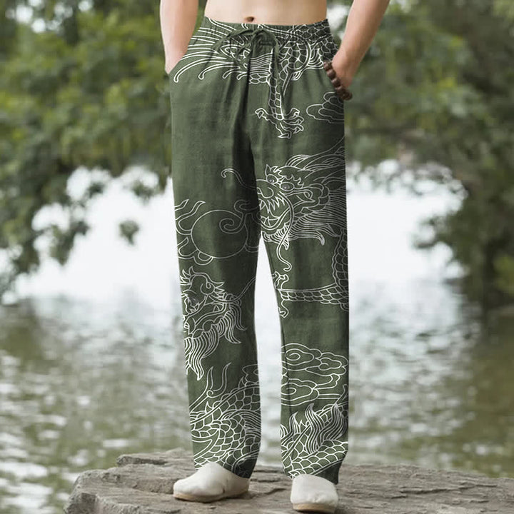 Buddha Stones Pantalones de hombre de algodón con estampado oriental de dragón y nubes, corte cónico y bolsillos. - Verde mar oscuro - US/UK/AU50, EU60 (5XL) - image 4