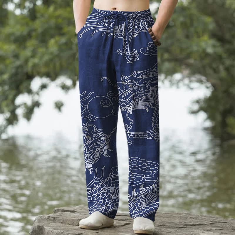 Buddha Stones Pantalones de hombre de algodón con estampado oriental de dragón y nubes, corte cónico y bolsillos. - Marina de guerra - US/UK/AU50, EU60 (5XL) - image 6