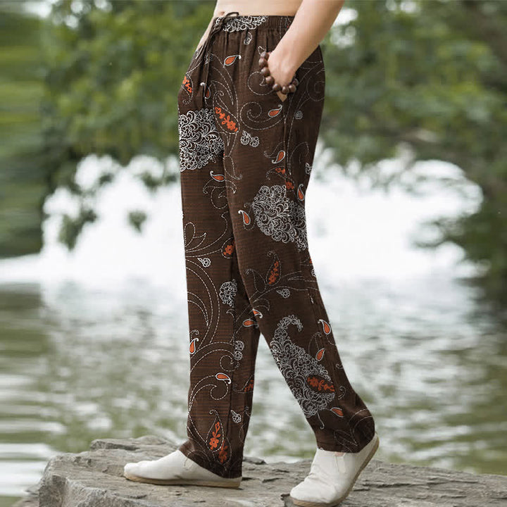 Buddha Stones Pantalones de hombre de algodón con estampado floral bohemio y corte ajustado, con bolsillos. - image 1