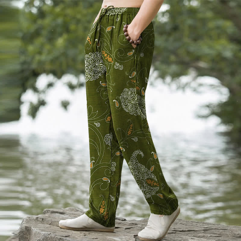 Buddha Stones Pantalones de hombre de algodón con estampado floral bohemio y corte ajustado, con bolsillos. - image 5