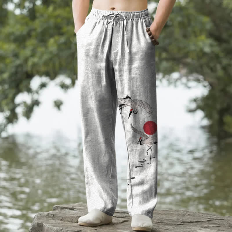 Buddha Stones Pantalones de hombre de algodón con estampado de grullas y sol rojo, corte ajustado y bolsillos. - Lino - US/UK/AU50, EU60 (5XL) - image 0