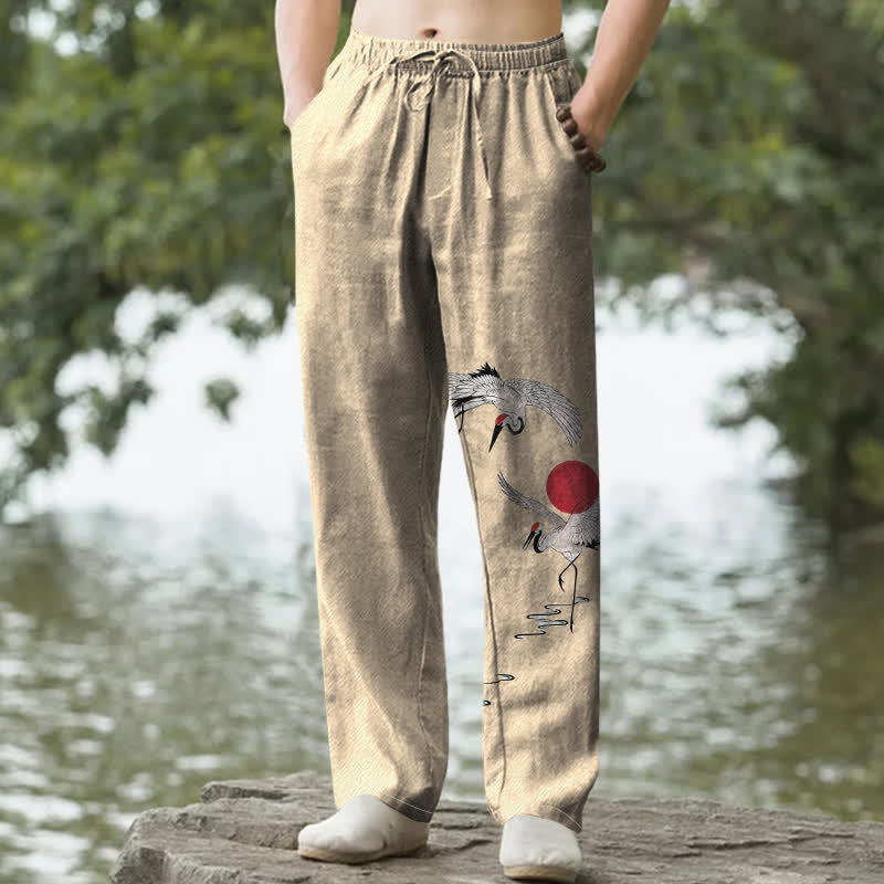 Buddha Stones Pantalones de hombre de algodón con estampado de grullas y sol rojo, corte ajustado y bolsillos. - Trigo - US/UK/AU50, EU60 (5XL) - image 4